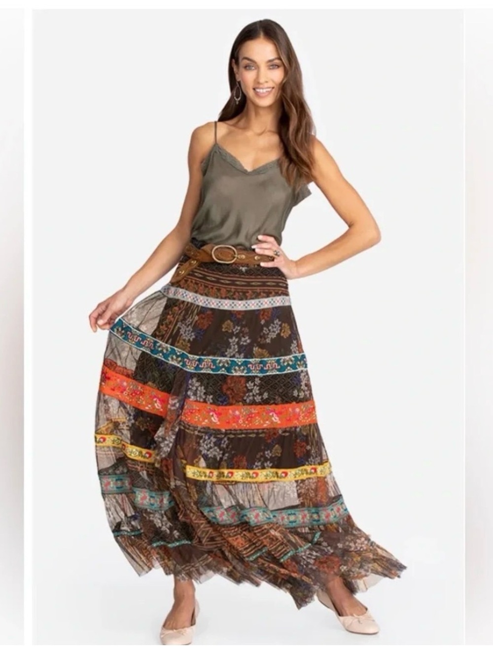 Johnny Was Wilhelma Boho Tiered Mesh Skirt